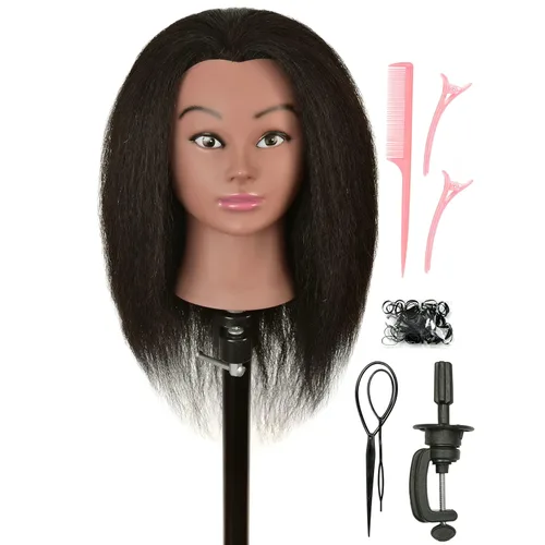Miniatura 9 de Cabeza de maniquí de 100% cabello humano real con soporte para práctica de trenzado y peinado en peluquería y cosmetología, cabeza de muñeca