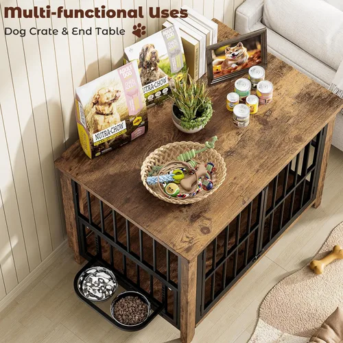 Miniatura 6 de Lulive Mueble de jaula para perros, jaula de madera para perros de interior con cuencos ajustables de 360° y altura, muebles de doble puerta