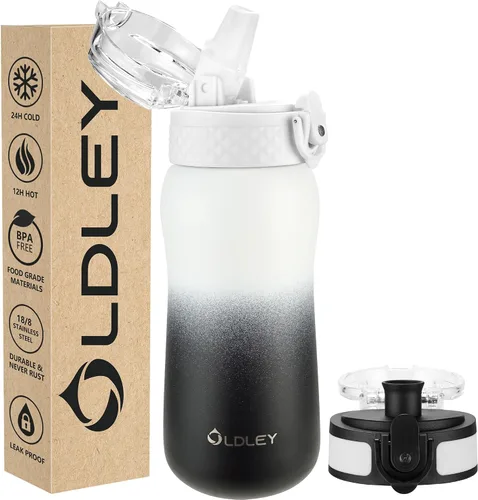Miniatura 52 de Botella de agua aislada Oldley de 12 oz con pajita, botella de agua de acero inoxidable con 2 tapas, botellas de doble pared con vacío para adultos