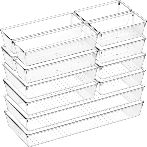 Miniatura 9 de Criusia Organizador de cajones, juego de 10 unidades de plástico transparente grande, 3 tamaños versátiles bandejas organizadoras de baño y tocador