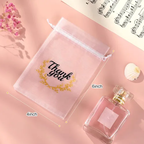 Miniatura 3 de Hopttreely Pequeñas bolsas de organza de agradecimiento, recuerdos de boda con cordón, bolsas de regalo de joyería 4X6 para fiestas, bolsas de Blanco