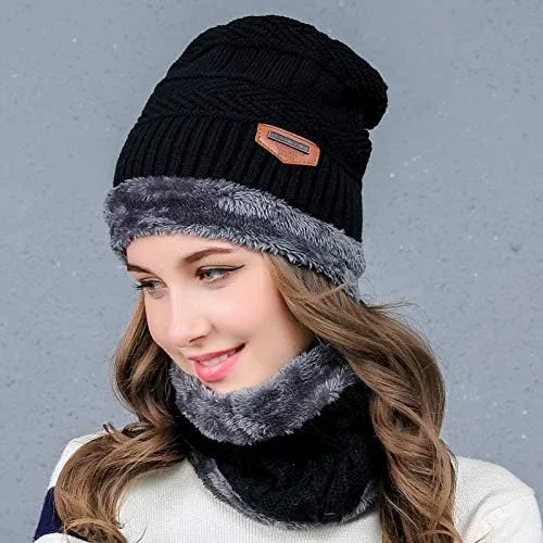 Miniatura 3 de Conjunto de gorro y bufanda de invierno cálido y elegante gorro de punto para hombres y mujeres