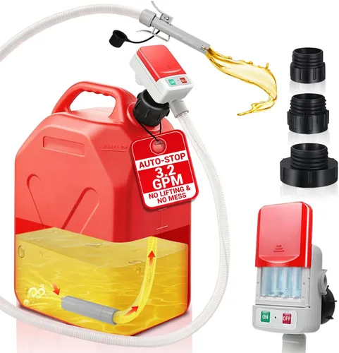 HiNADA Bomba de transferencia de combustible con parada automática: alimentación de batería, portátil de 3.2 GPM con manguera extra larga de 51