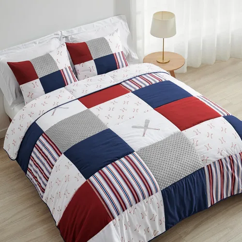 Sweet Jojo Designs Juego de edredón individual de 2 piezas (deportes con parches de béisbol) para niños, ropa de cama para niños, ropa de cama en