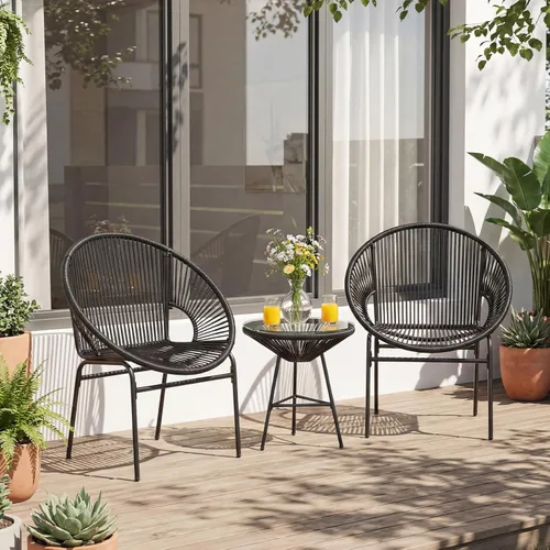 Miniatura 2 de Tangkula Juego de 3 muebles de patio al aire libre, juego de sillas Acapulco con cuerda de plástico, mesa de vidrio templado, juego de bistró