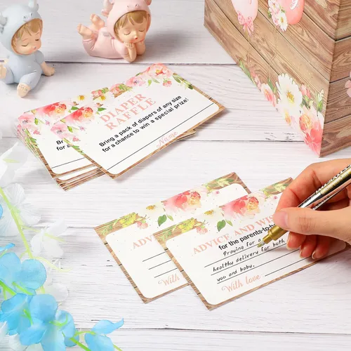 Miniatura 4 de Pajean Juego de 50 boletos y cajas para rifas de pañales florales, flores de acuarela, consejos y deseos para los futuros padres, accesorio