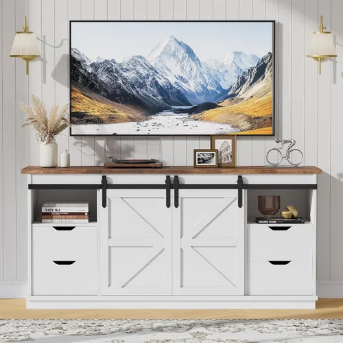 Miniatura 3 de JUMMICO Soporte de TV con 4 cajones para TV de 65 pulgadas, centro de entretenimiento de granja con almacenamiento y puertas corredizas de granero