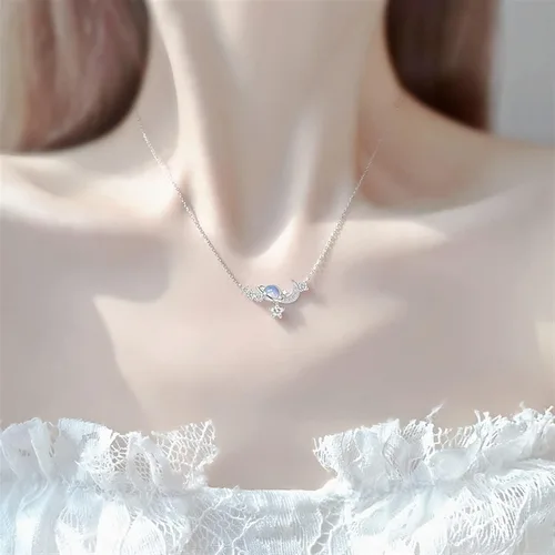 Miniatura 4 de Collar decorativo de plata 925 con dije de piedra esmaltada creativa, estrella y luna, cadena de clavícula, joyería elegante