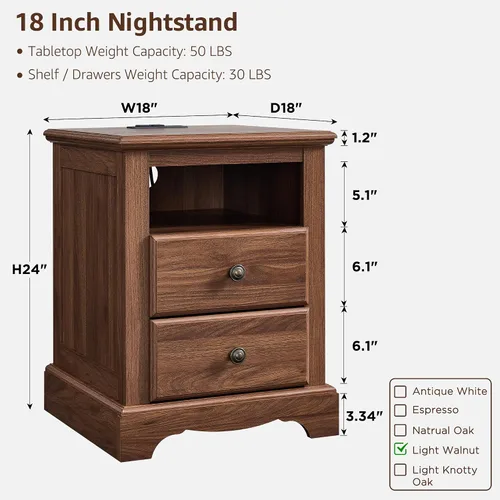 Miniatura 2 de T4TREAM Mesita de noche con estación de carga, mesa auxiliar vintage de 18 pulgadas con 2 cajones, mesa auxiliar de sofá rústica de madera