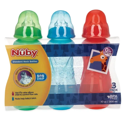Miniatura 6 de Nuby Biberones de cuello estándar antigoteo, 10 onzas (paquete de 3), boquilla de control de flujo variable, sistema de aire anticólicos, 0 meses