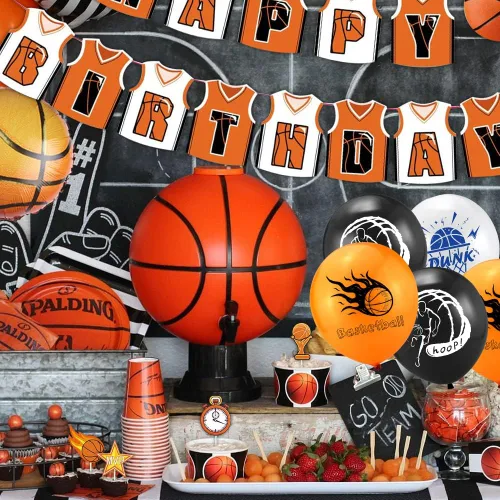 Miniatura 7 de 40 piezas de decoración de fiesta de baloncesto – Cartel de feliz cumpleaños, globos, adornos para pasteles para niños y niñas