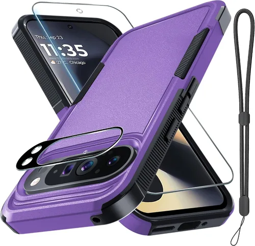 Miniatura 27 de Funda para Google Pixel 10 Pro XL con correa para la muñeca + protector de pantalla de vidrio templado + cubierta para lente de cámara, cuerpo Verde