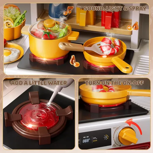 Miniatura 3 de Juego de cocina para niños, juego de cocina de 88 piezas para niños pequeños de 3 a 5 años, estufa de cocina, accesorios de juguetes con luz