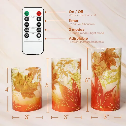 Crystal Club Velas sin llama de otoño, hojas de arce de otoño, velas LED parpadeantes con control remoto y temporizador, velas de pilar con efecto