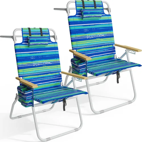 Miniatura 8 de Sillas de playa altas para adultos, Silla de playa tipo mochila de 17" de alto con apoyabrazos de madera, Silla reclinable de 5 posiciones de alta