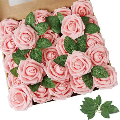 AmyHomie - Flores artificiales realistas, 50 piezas, con tallo, para bricolaje, ramos de novia, centros de mesa, arreglos, fiestas, baby shower, Rosa