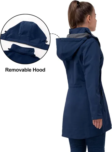 Miniatura 2 de 33,000ft Chaqueta de Lluvia Impermeable para Mujer de Softshell Largo con Capucha y Forro de Forro Polar, Cortavientos