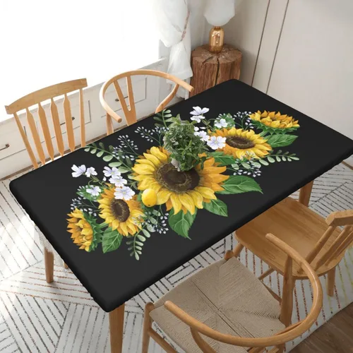Miniatura 34 de Fiokroo Mantel de Flores de Crisantemo Azul, Amarillo y Azul Marino con Borde Elástico, Mantel Redondo Lavable y Reutilizable Cubierta de Mesa