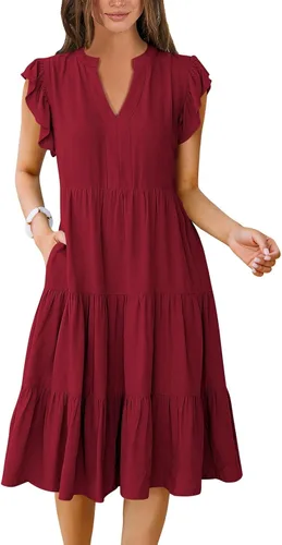 Miniatura 29 de ANRABESS Vestido de verano para mujer, manga con volantes, cuello en V, vestido midi a la moda, casual, holgado, escalonado, bohemio, playa