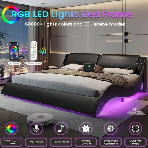 Miniatura 4 de DICTAC Base de cama King con puertos de carga y cabecero, base de cama de plataforma tamaño King con luces LED onduladas como curvas, soporte