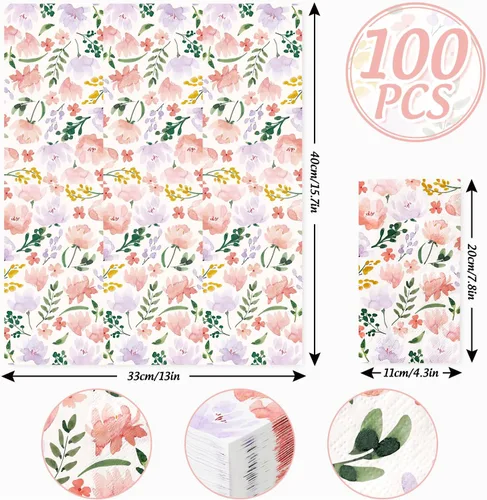 Miniatura 2 de JarThenaAMCS 100 servilletas de papel floral desechables para baño, acuarela, hojas de flores silvestres, toalla de mano, servilletas de cena