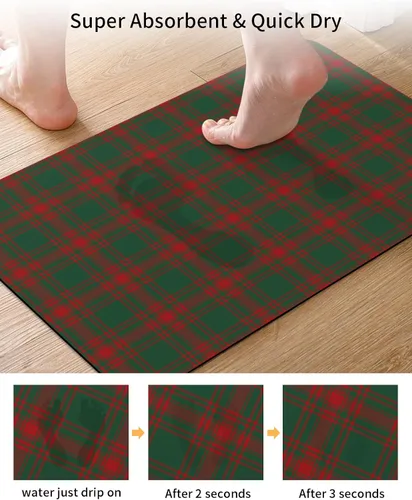 Miniatura 3 de Tapete de baño a cuadros rojos y verdes para bañera, antideslizante, de secado rápido y absorbente, de tierra de diatomeas, fregadero de ducha