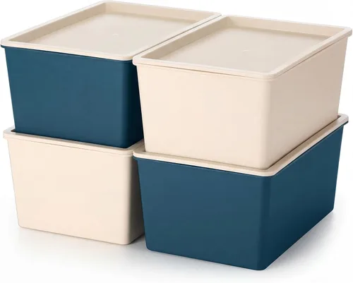 Miniatura 15 de Menkxi 4 Piezas Contenedores de Almacenamiento con Tapas Contenedores Apilables de Plástico para Organizar Estantes Caja de Adornos Navideños Cestas
