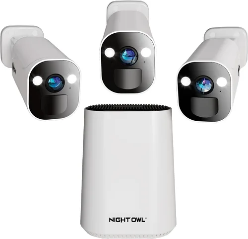 Night Owl Concentrador de seguridad para el hogar de video Wi-Fi de 8 canales con (3) cámaras de foco Wi-Fi 2K HD alimentadas por batería para