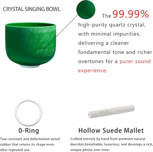 Miniatura 9 de TOPFUND Emerald Fusion E Note - Cuenco de cristal para plexo solar, 10 pulgadas, con funda de transporte resistente y mazo de gamuza Esmeralda E Note