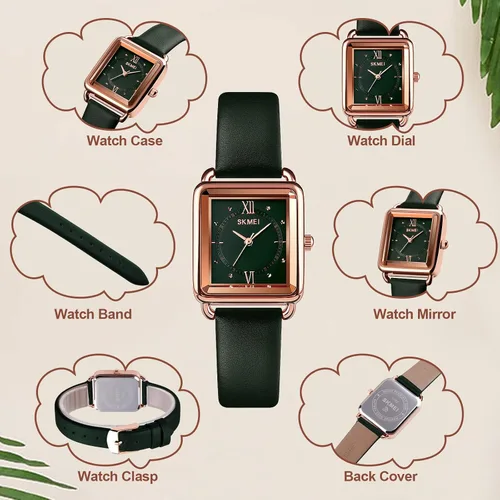 Miniatura 2 de SKMEI - Reloj de pulsera para mujer, de piel, rectangular, elegante, para mujer, Classic, Verde-D