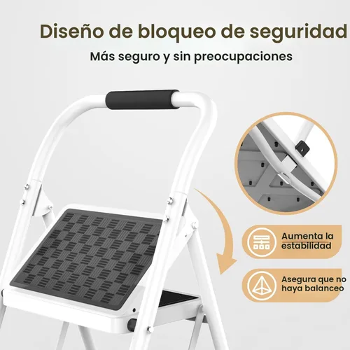 Miniatura 3 de HBTower Escalera de 2 escalones, Taburete de 2 escalones para adultos. Taburete plegable con mango acolchado con escalón ancho antideslizante