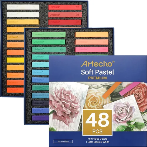 Artecho 48 piezas de pasteles suaves, 46 colores incluyendo 4 colores fluorescentes, blanco y negro extra libre, tiza cuadrada para dibujar,