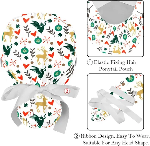 Miniatura 4 de 2 PCS Bouffant Cap with Button Ponytail Pouch Working Cap Sweatband Adjustable Surgical Cap Deer Floral Watercolor