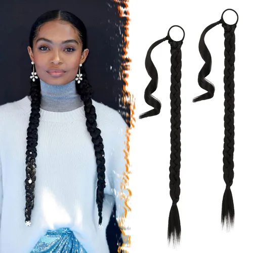 Miniatura 57 de Barsdar Extensión de 26 Pulgadas de Cola de Caballo Trenzada Larga con Banda Elástica - Extensiones de Cabello en Cola de Caballo Recta y Elegante
