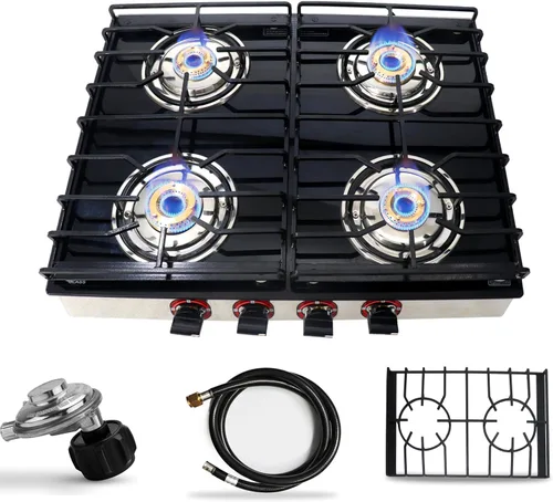 Estufa de gas de 4 quemadores – Estufa de encimera de vidrio templado negro de 25 pulgadas, estufa de gas inoxidable, 4 quemadores, estufa de rv
