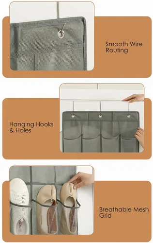 Miniatura 2 de Organizador de zapatos de 64 x 19 pulgadas para colocar sobre la puerta con 24 bolsillos de malla y 3 ganchos, almacenamiento plegable para zapatos