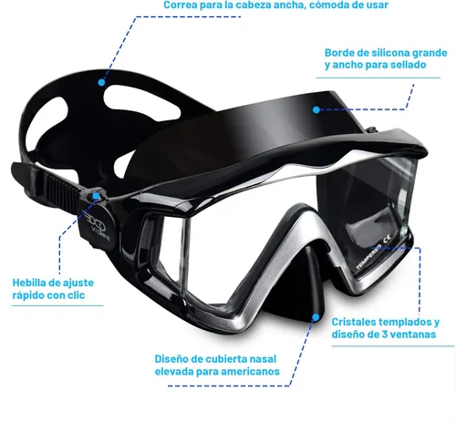 Miniatura 3 de Máscara de buceo Pano 3 para adultos, máscara de esnórquel de vidrio templado, máscara de natación antivaho sin fugas, gafas de natación con Negro