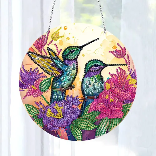 Miniatura 2 de LUSandy Kit de pintura de diamante de colibrí con flores 5D para bricolaje, letrero de arte de pared, colibrí, diamante, atrapasoles, adorno Flores