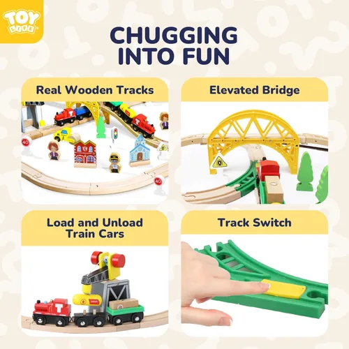 Miniatura 2 de TOY Life Juego de tren de madera, 60 piezas con grúa magnética, juguetes de madera para niños y niñas de 3, 4, 5, 3 años, juguetes de madera