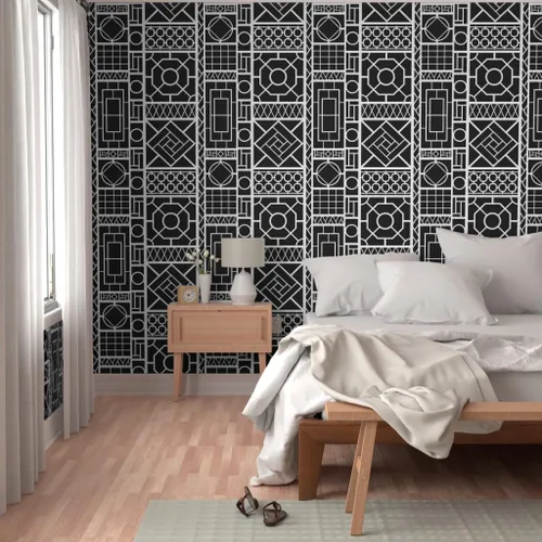 Miniatura 5 de Spoonflower Pelar y pegar muestra de papel tapiz - Enrejado Negro Círculos Blancos Graffiti Chinoiserie Palm Beach China Papel pintado extraíble
