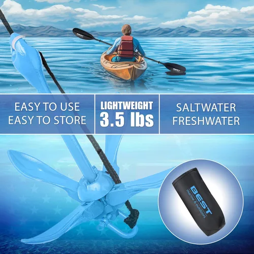 Miniatura 4 de Mejor marca marina y al aire libre Ancla para kayak, kit de sistema de anclaje de 3.5 libras para kayaks, canoas, tablas de paddle SUP y motos Azul