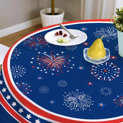 Miniatura 5 de Hexagram Mantel redondo para el 4 de julio, mantel patriótico redondo de 70 pulgadas, estrellas rojas y azules para interiores o exteriores, bandera