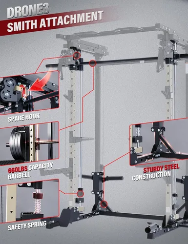 Miniatura 3 de MAJOR FITNESS Drone3 Smith Machine, 2500 libras todo en uno para gimnasio en casa con sistema de polea doble para cable cruzado, barras de dominadas