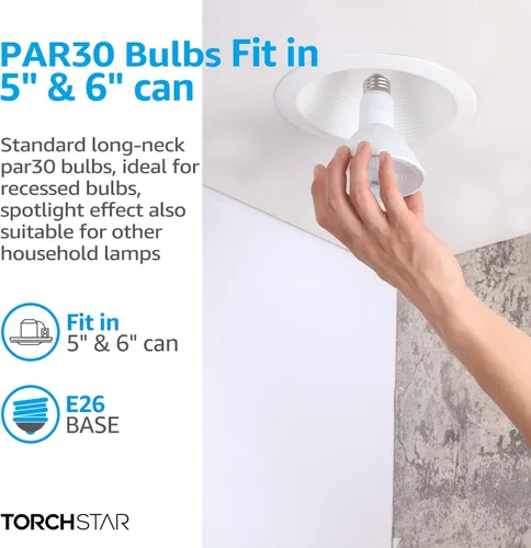 Miniatura 6 de TORCHSTAR Bombillas LED PAR30, equivalente a 8 W, 75 W, bombillas LED CRI90+ regulables, certificación UL, bombilla de inundación de cuello largo