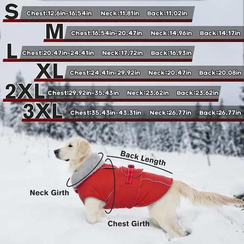 Miniatura 4 de Lelepet Abrigo cálido para perros – Chaleco reflectante impermeable de vellón con hebilla ajustable de gancho y bucle, chaqueta de invierno Rojo