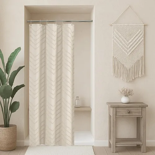 Cortina de ducha beige pequeña estilo boho con textura acolchada, 36x72 media talla, cortina de baño minimalista con patrón chevrón rayado de tela