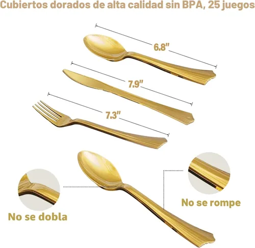 Miniatura 6 de AIRE 175 piezas de suministros de fiesta blanco y dorado, juego de vajilla desechable resistente que sirve para 25, platos de papel, tenedores