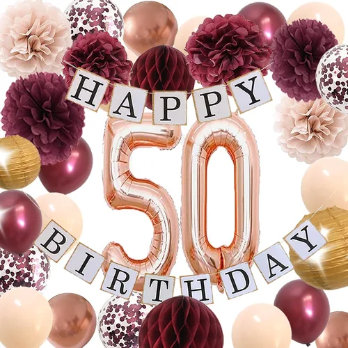 Decoraciones de cumpleaños número 50 para mujer, suministros de cumpleaños número 50 para mujer con fabulosos globos de flores de otoño color