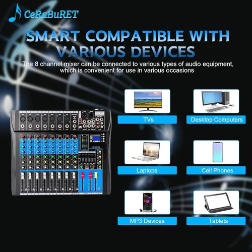 Miniatura 3 de Mezclador en vivo negro, micfuns, mezclador de sonido estéreo profesional de 8 canales, Bluetooth USB, grabación de computadora, reproducción