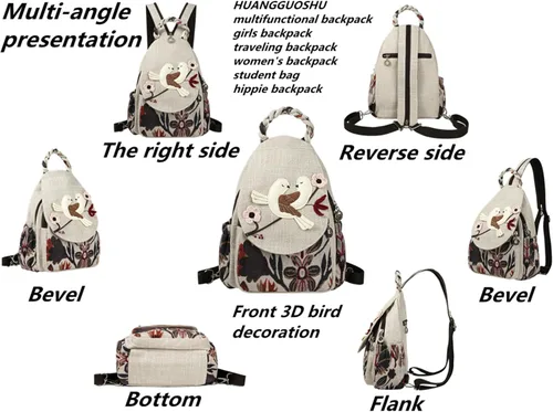 Miniatura 102 de HUANGGUOSHU Mochila de algodón tejida de algodón bohemio con bordado de lona estilo bohemio con múltiples bolsillos retro linda mochila cartera